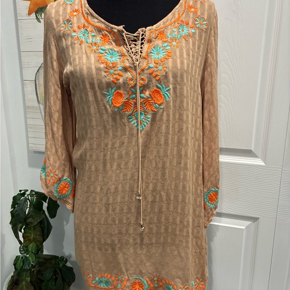 Umgee Dresses & Skirts - Umgee Tan Top with Orange and Blue Embroidery